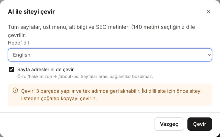 Translate site with AI dialog: target language, translate page URLs too