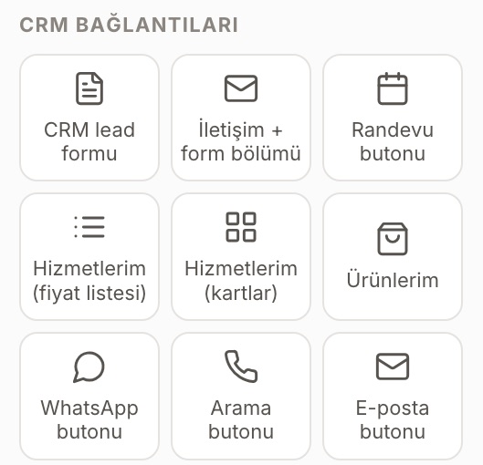 CRM blocks in the Add panel: CRM lead form, contact + form section, appointment button, our services, our products, WhatsApp, call and email button