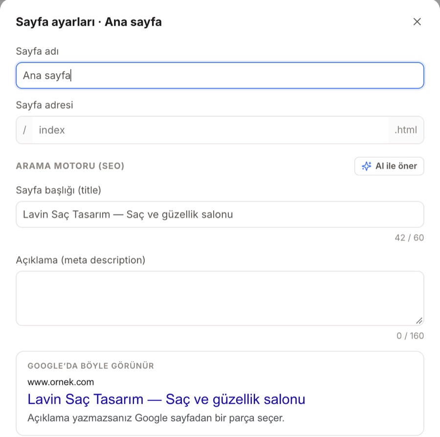 Page settings: SEO title and description, suggest with AI, Google preview