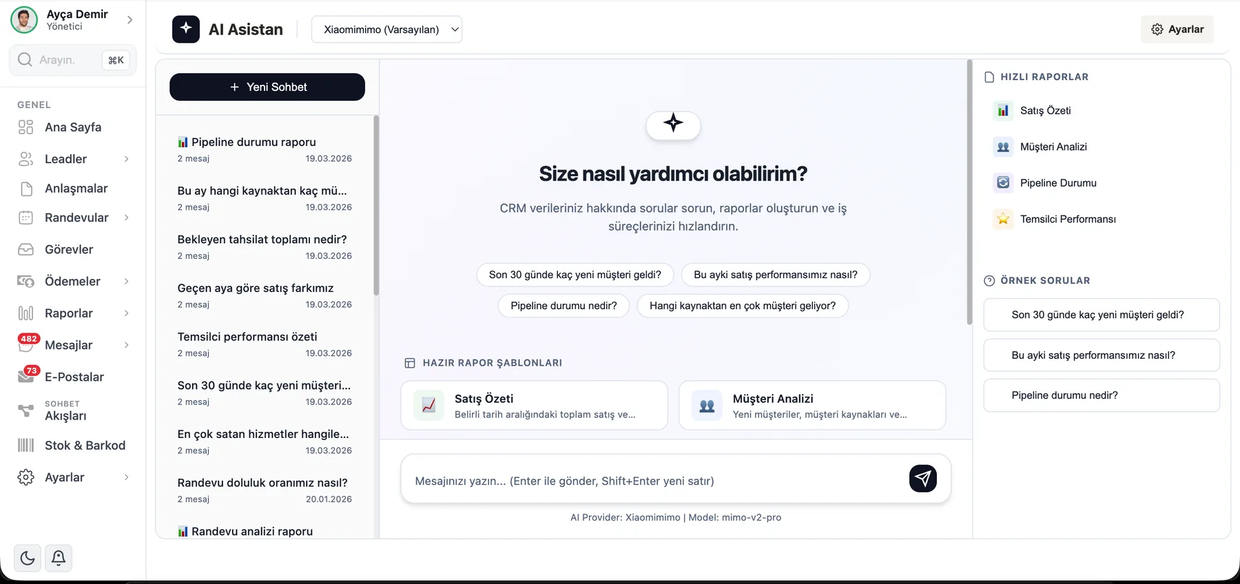 ÖzgürKod CRM programı yapay zeka asistanı: doğal dille CRM verisine soru sorma ekranı