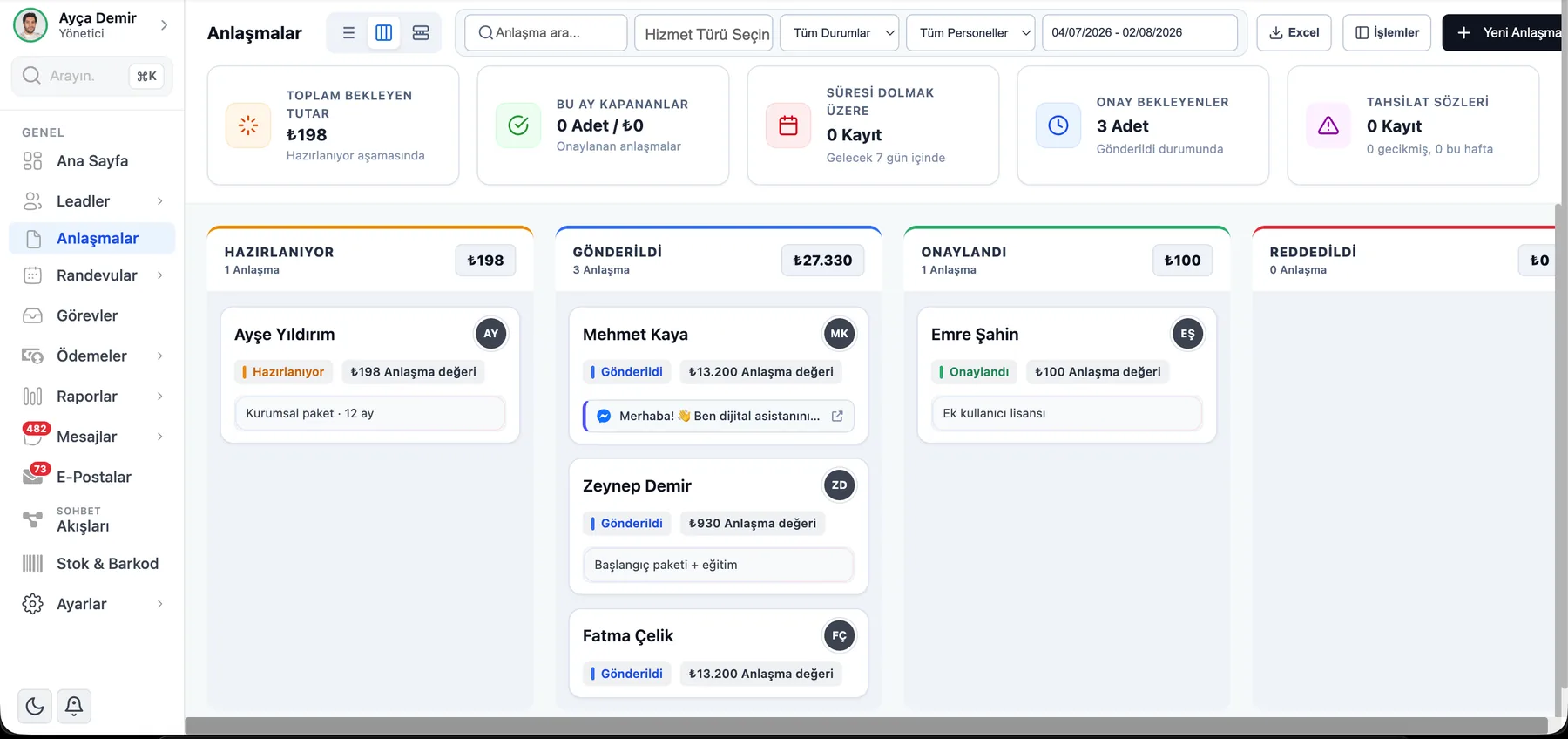 ÖzgürKod CRM programı anlaşma pipeline ekranı: hazırlanıyor, gönderildi, onaylandı sütunları ve tutar özetleri