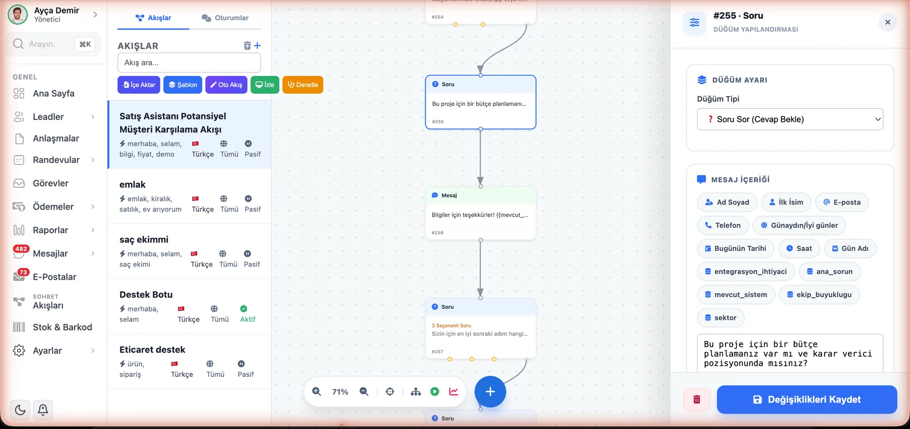 ÖzgürKod CRM programı görsel chatbot akış tasarımcısı: düğüm bazlı akış ve kişiselleştirme değişkenleri paneli