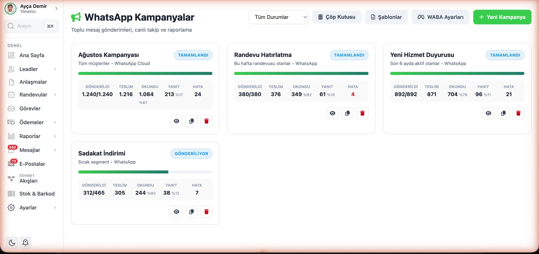 ÖzgürKod CRM programı WhatsApp toplu kampanya ekranı: gönderildi, teslim, okundu ve yanıt metrikleri
