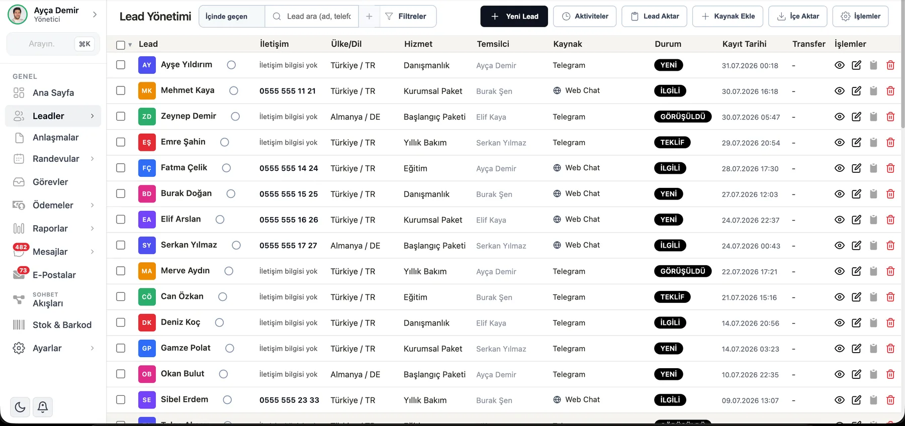 ÖzgürKod CRM programı lead yönetimi listesi: kaynak, temsilci, hizmet ve durum kolonları