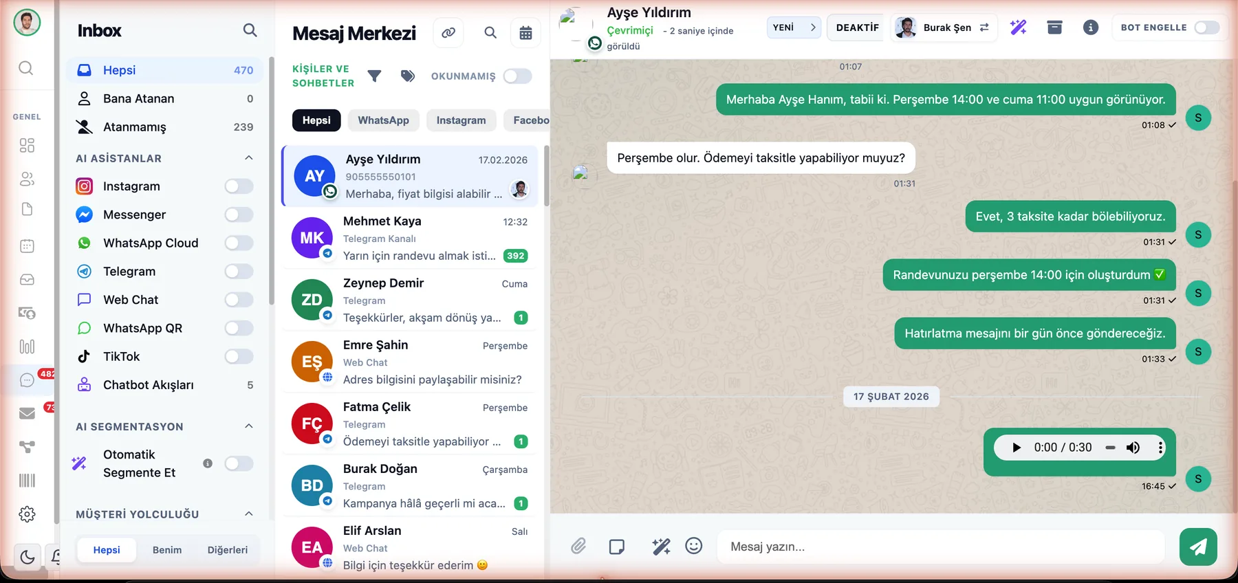 ÖzgürKod CRM programı birleşik gelen kutusu: WhatsApp, Instagram, Messenger, Telegram ve TikTok mesajları tek ekranda