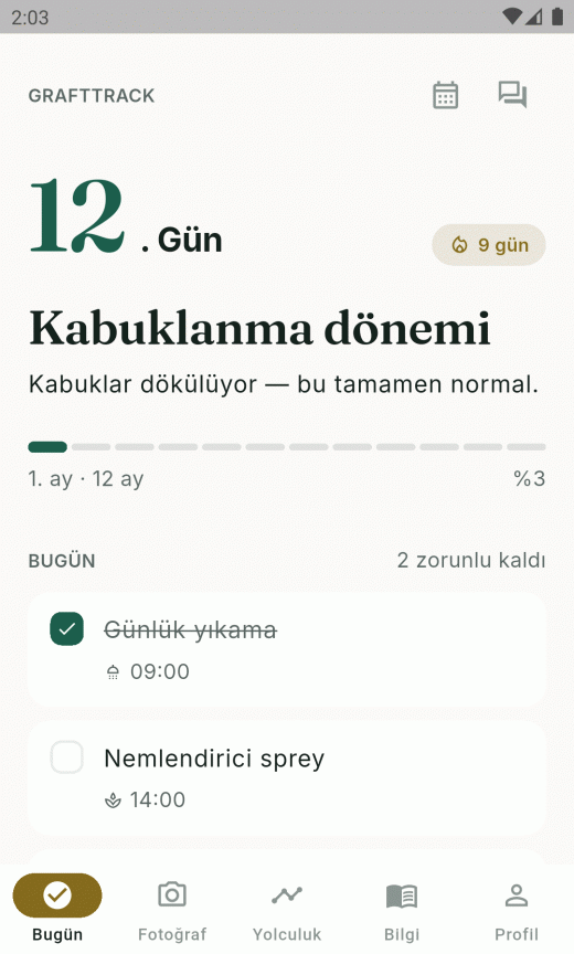 GraftTrack uygulamasının Bugün ekranı: 12. gün, kabuklanma dönemi, günlük yıkama tamamlanmış, nemlendirici sprey bekliyor