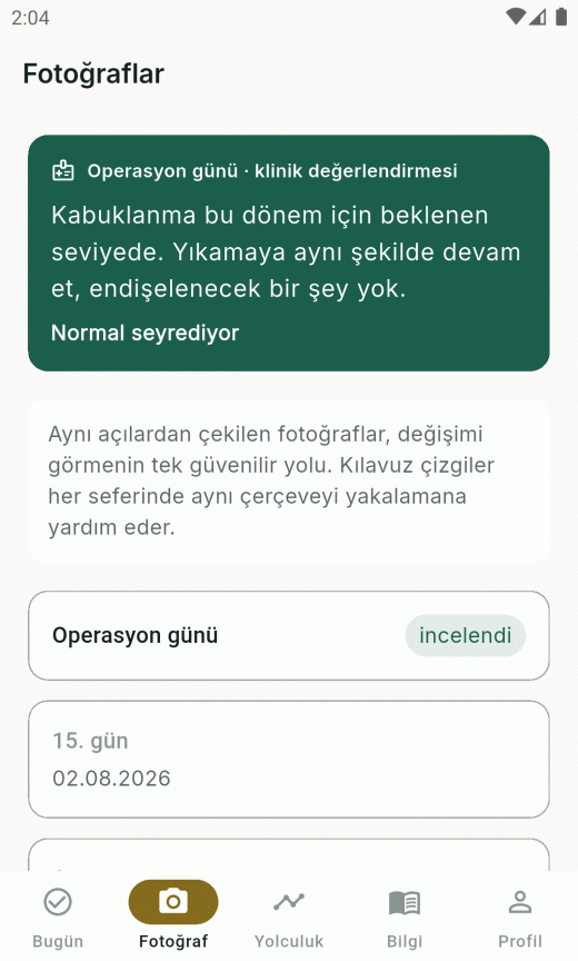 Fotoğraf seansları ekranı: klinik değerlendirmesi kartı ve seans listesi