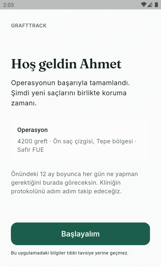 GraftTrack karşılama ekranı: hastanın operasyon dosyası — greft sayısı, ekilen bölgeler ve teknik