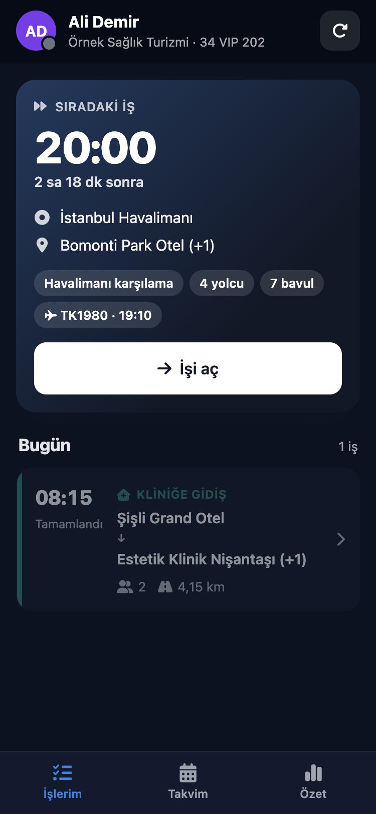 ÖzgürKod Şoför paneli: sıradaki iş, kalan süre, uçuş ve yolcu sayısı
