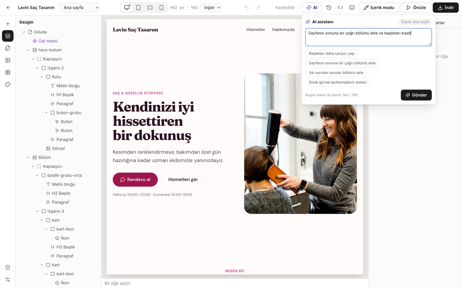 Site Stüdyosu ekranı: AI asistanı (Ctrl+J)
