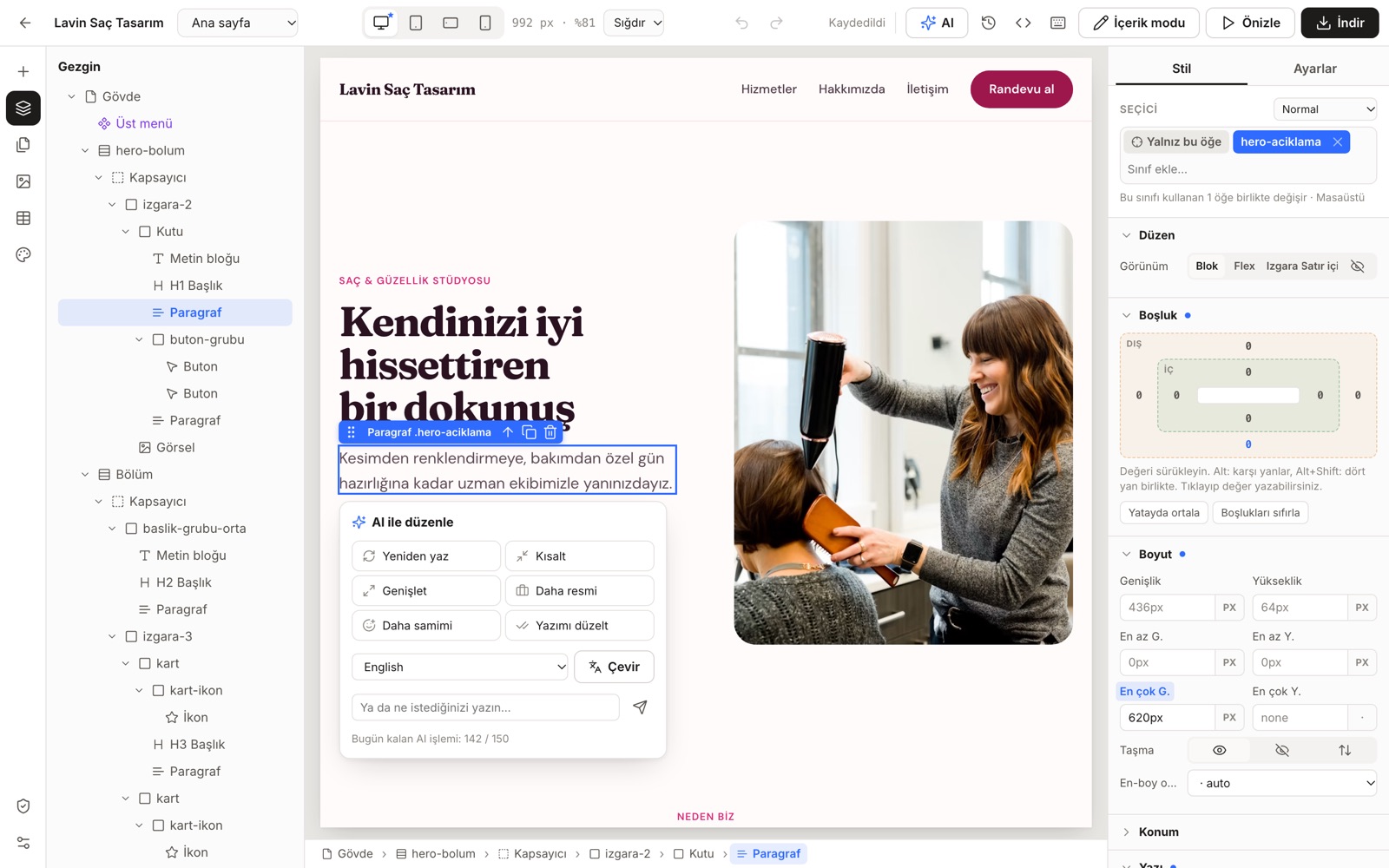 Site Stüdyosu ekranı: Metin asistanı