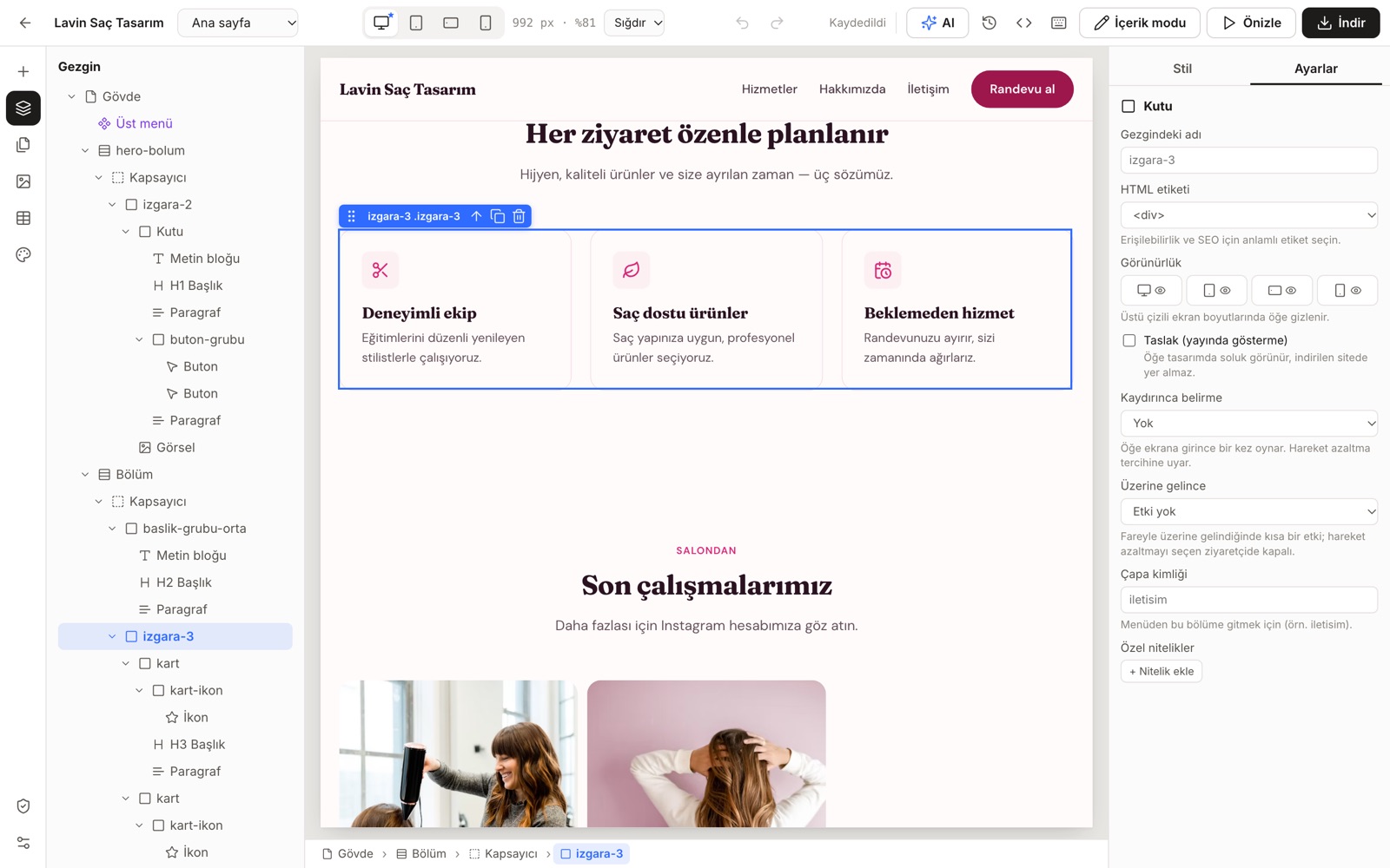 Site Stüdyosu ekranı: Öğe ayarları ve animasyon