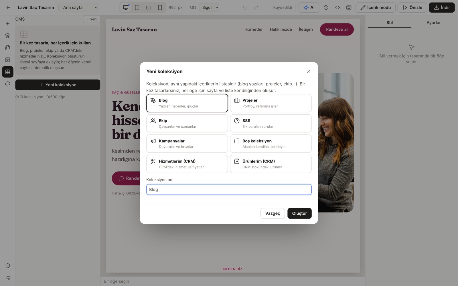 Site Stüdyosu ekranı: Koleksiyonlar (CMS)