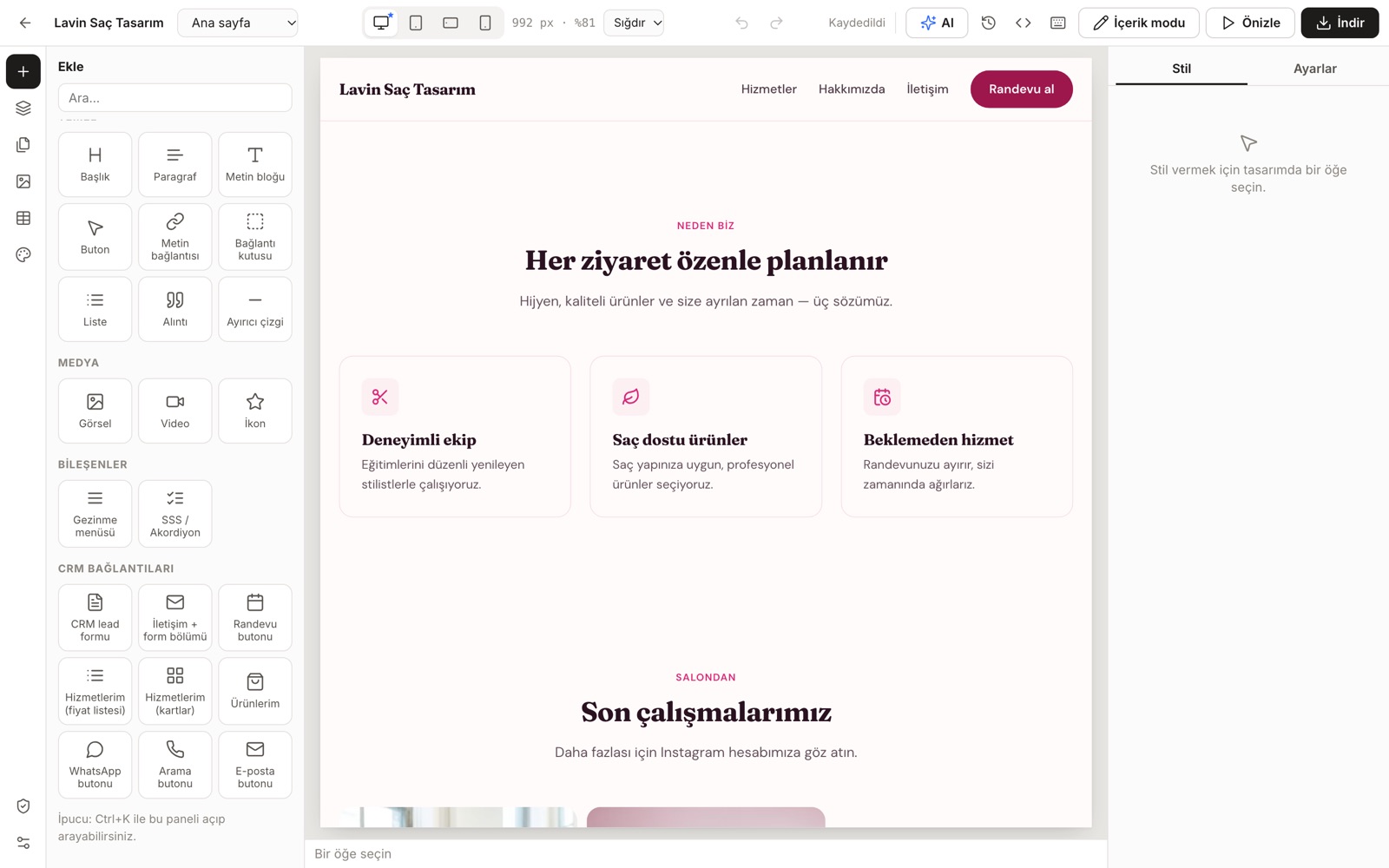 Site Stüdyosu ekranı: Bölüm ve öğe ekleyin