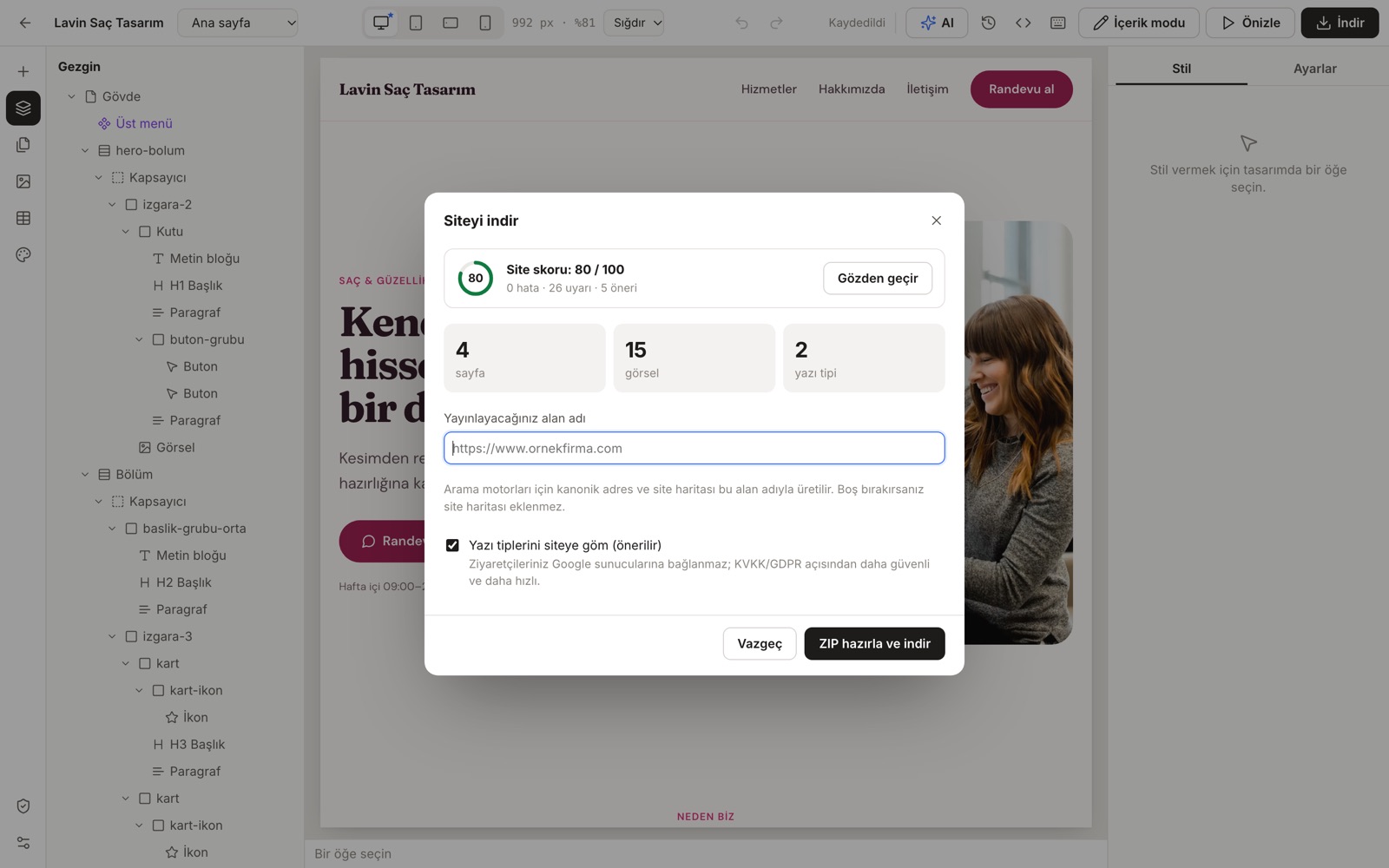 Site Stüdyosu ekranı: Siteyi indirin
