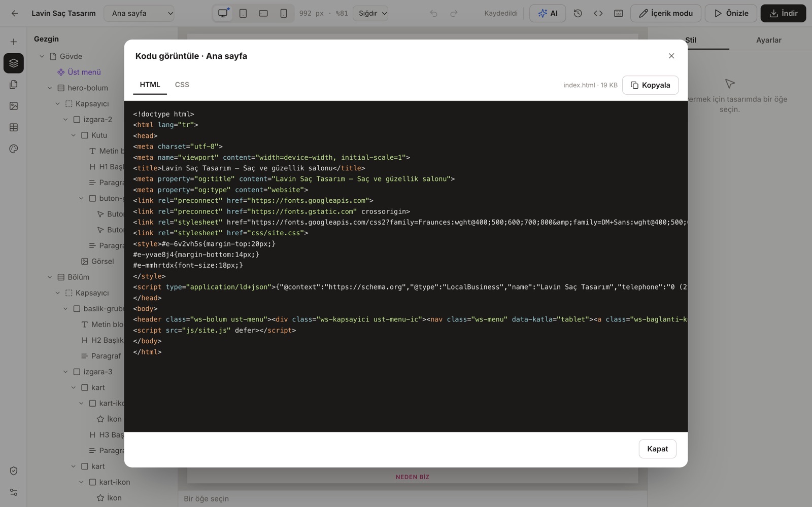 Site Stüdyosu ekranı: Kod görünümü