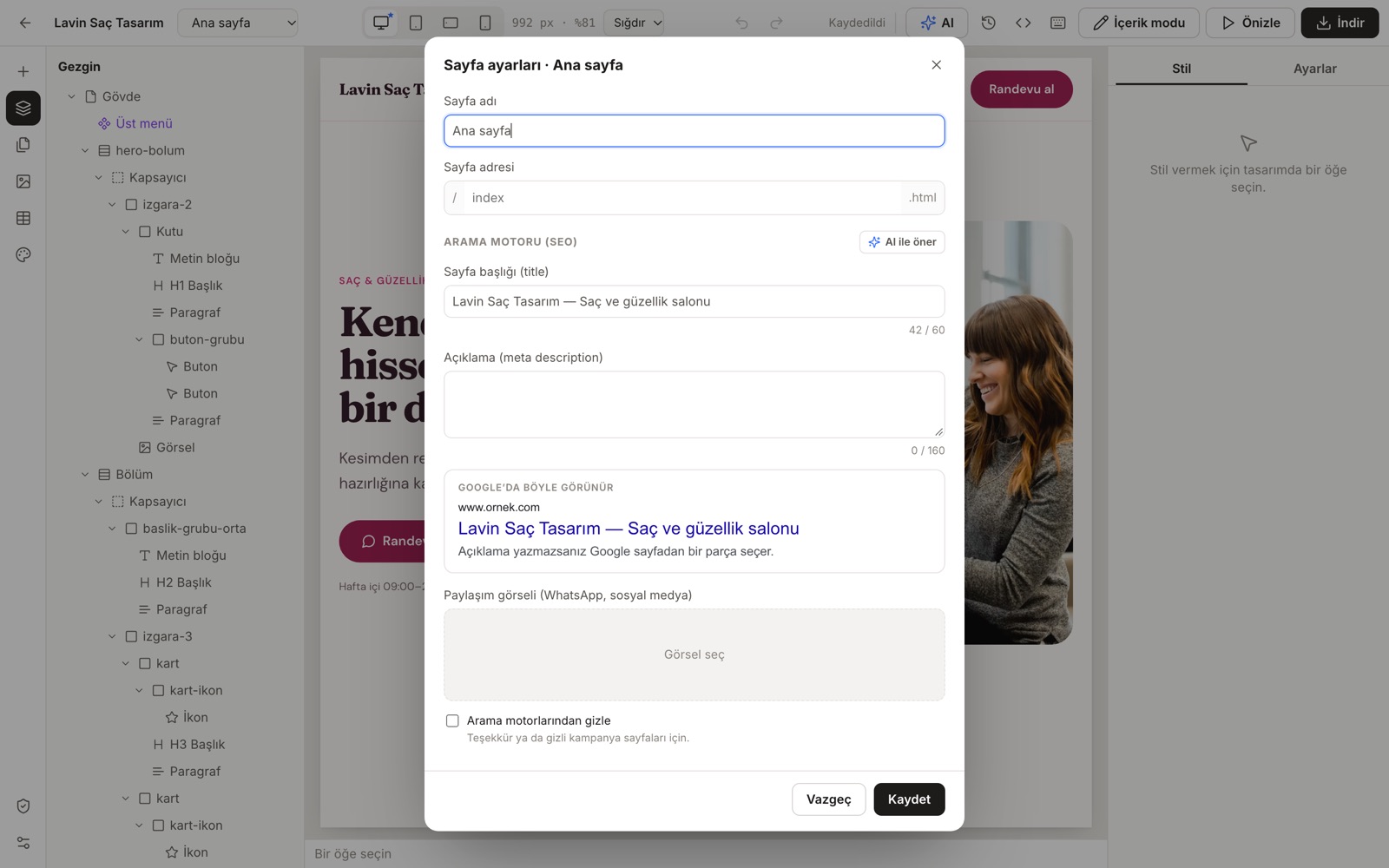 Site Stüdyosu ekranı: SEO ve Google önizlemesi