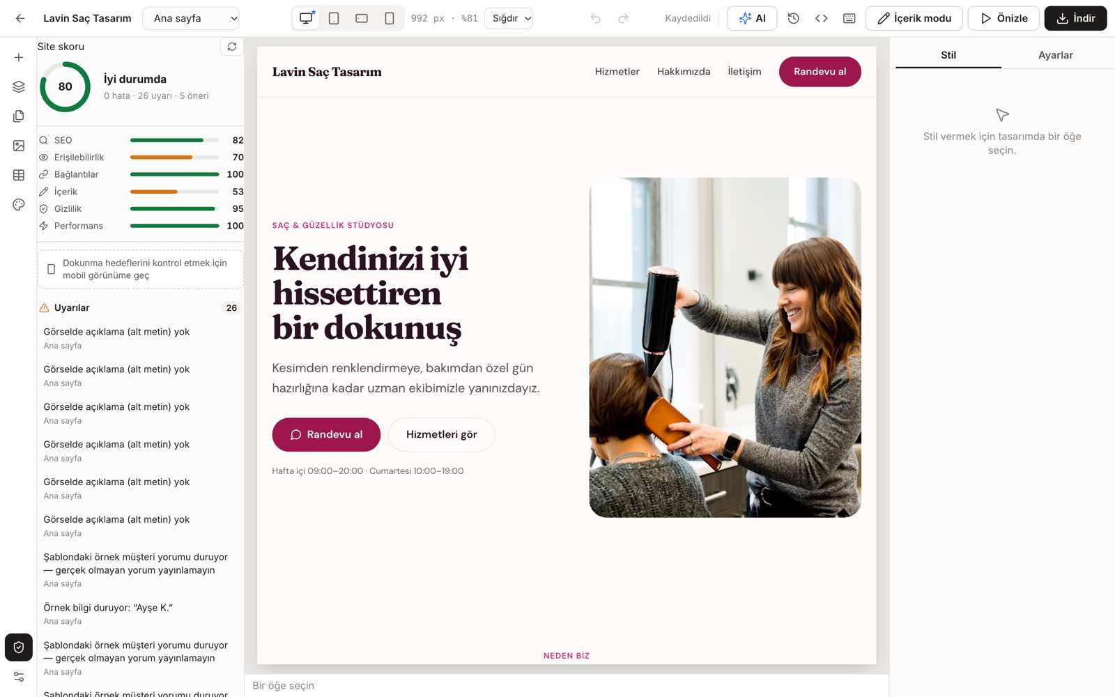 Site Stüdyosu ekranı: Site skoru