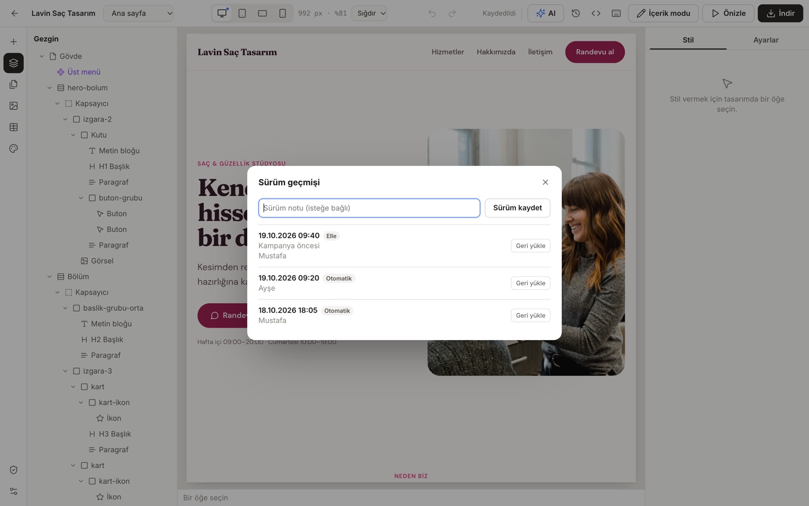 Site Stüdyosu ekranı: Sürüm geçmişi