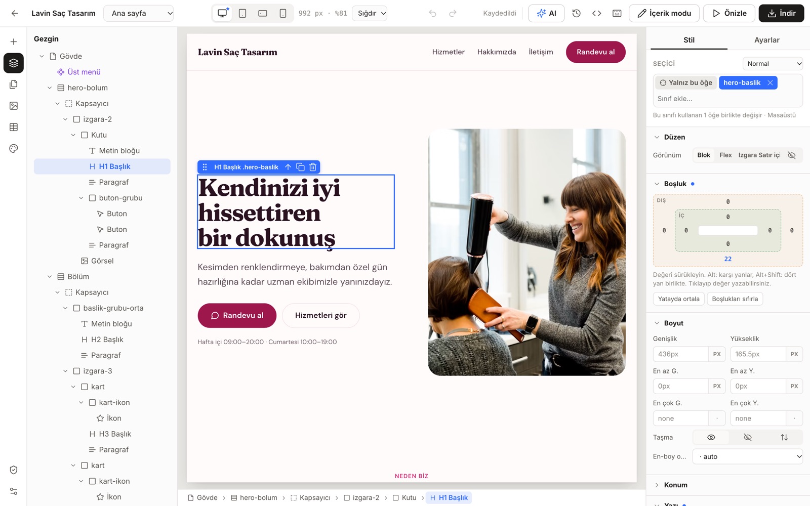 Site Stüdyosu editörü: solda sayfanın Gezgin ağacı, ortada kuaför şablonuyla kurulmuş site, sağda seçili başlığın Stil paneli ve hero-baslik sınıfı