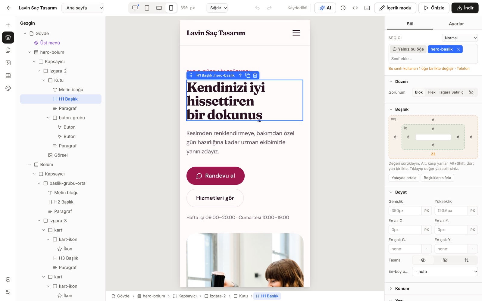 Site Stüdyosu ekranı: Telefon görünümü