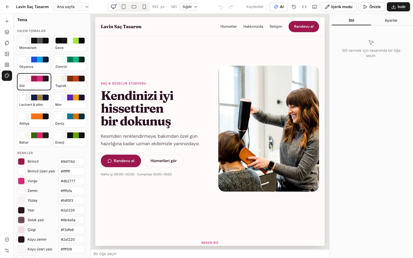 Site Stüdyosu ekranı: Tema ve renkler