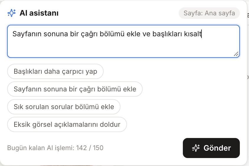 AI asistanı komut kutusu ve hazır öneriler