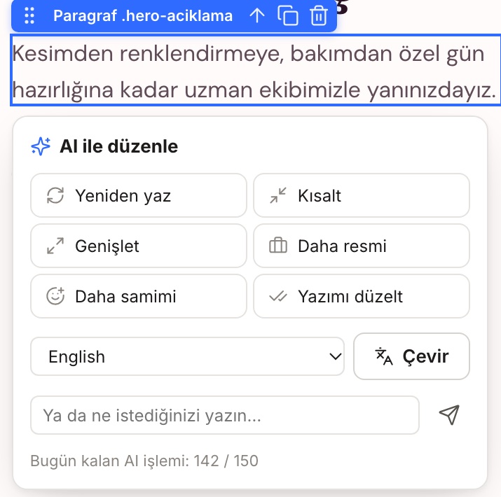 AI ile düzenle menüsü: yeniden yaz, kısalt, genişlet, daha resmi, daha samimi, yazımı düzelt, çevir