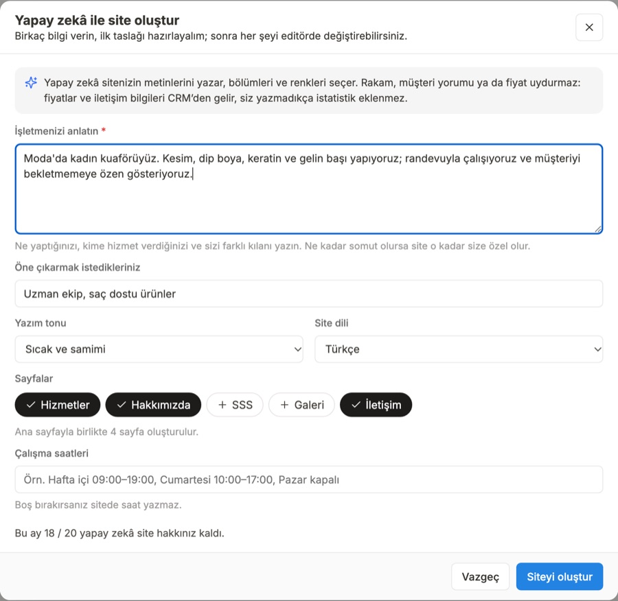 Yapay zekâ ile site oluştur penceresi: işletmenizi anlatın, yazım tonu, site dili, sayfalar, çalışma saatleri