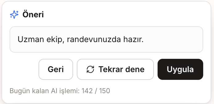Öneri: kısaltılmış metin; geri, tekrar dene, uygula
