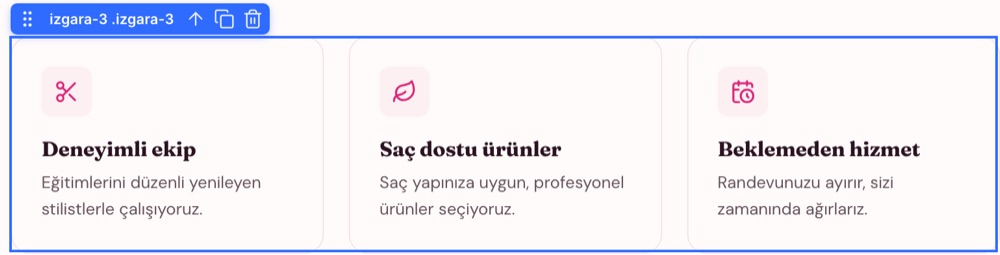 Tuvalde seçili üç kartlık ızgara