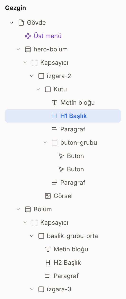 Gezgin: sayfanın öğe ağacı, seçili H1 başlık