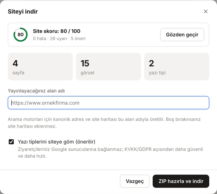 İndirme penceresinde site skoru özeti