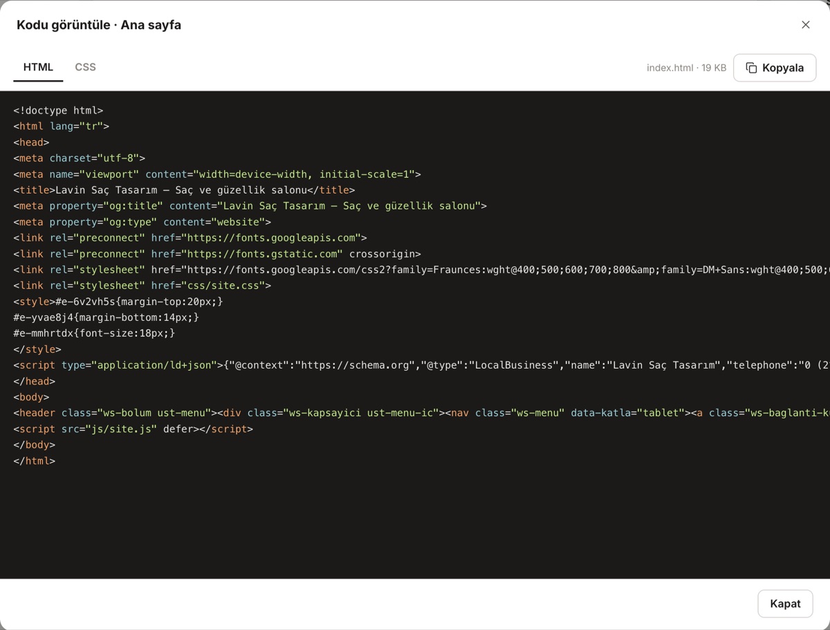 Kod görünümü: indirilecek sayfanın HTML kodu