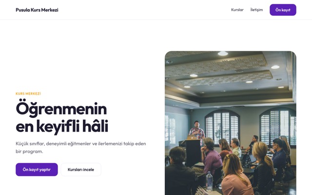 Kurs & eğitim merkezi şablonuyla kurulmuş sitenin ana sayfası