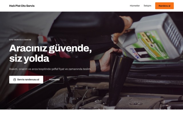 Oto servis şablonuyla kurulmuş sitenin ana sayfası