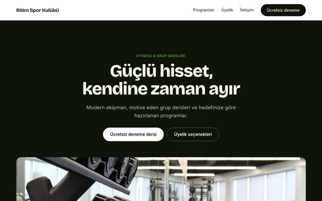 Spor salonu şablonuyla kurulmuş sitenin ana sayfası