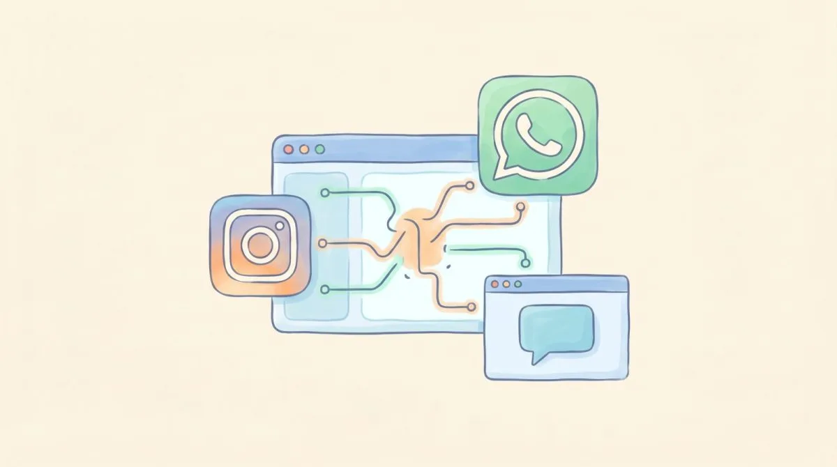 Instagram, WhatsApp ve Web Chat kanallarının tek bir omnichannel mesajlaşma panelinde birleştirilmesi görseli