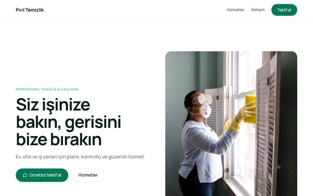 Temizlik / ilaçlama / yerel hizmet şablonuyla kurulmuş sitenin ana sayfası